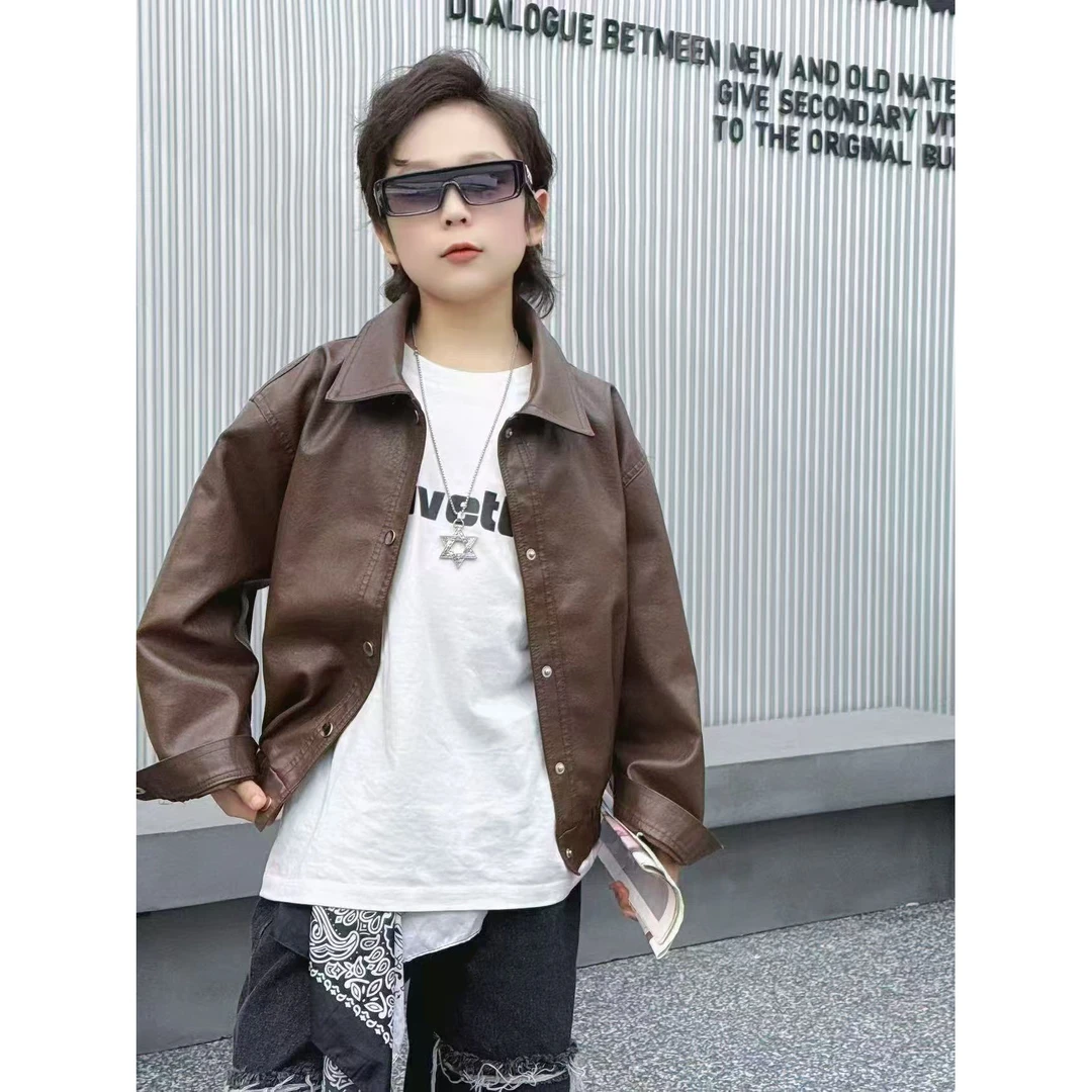 PY-601儿童春秋时尚百搭咖色休闲短款洋气韩版帅气皮衣外套