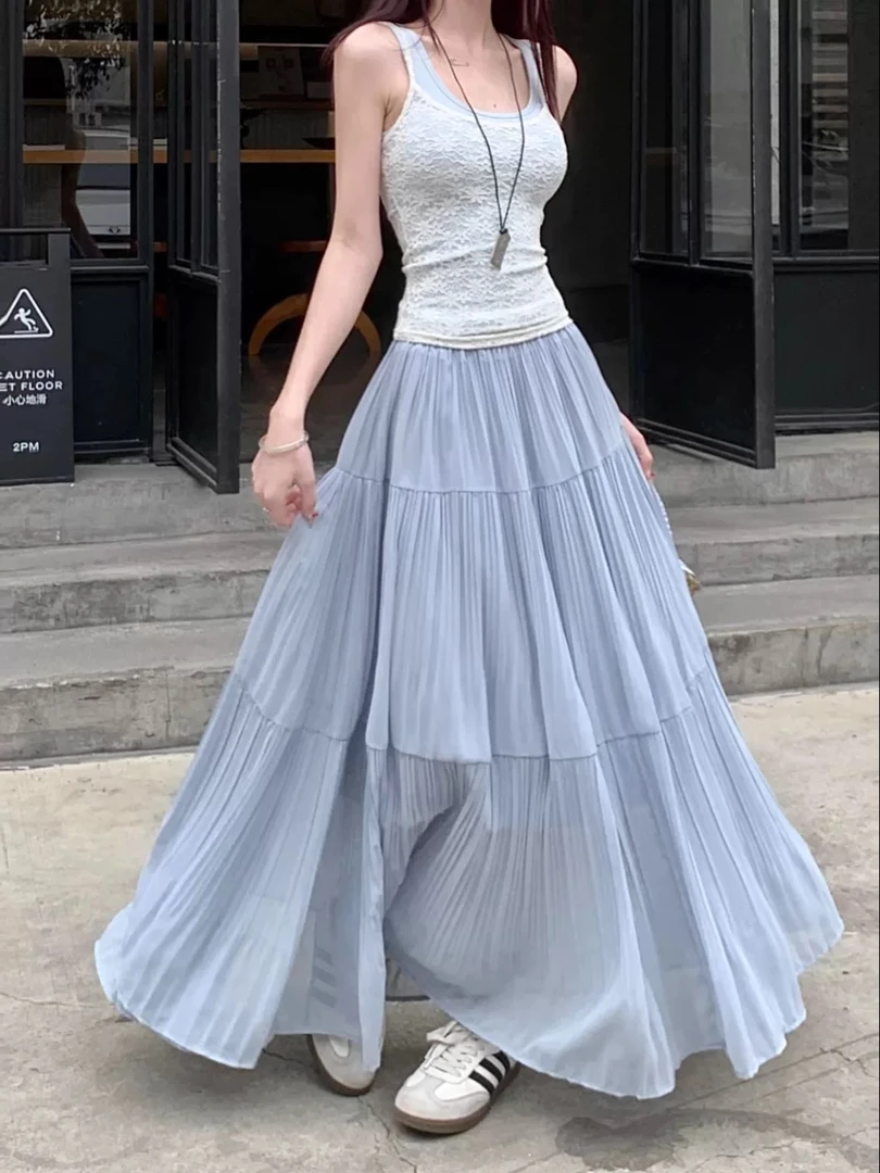 温柔风高腰压褶半身裙女夏季百搭大摆垂感A字长裙