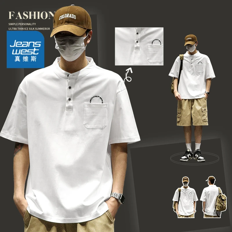 Jeanswest/真维斯男士新潮百搭POLO衫美式时尚亨利领短袖休闲上衣