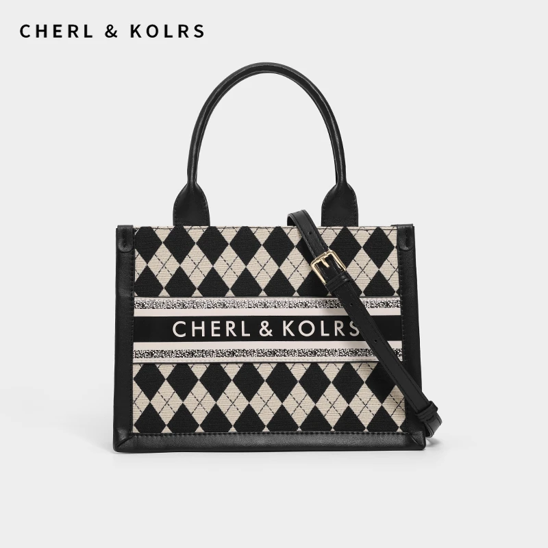 CherlKolrs帆布棋盘格欧美风撞色大容量单肩包拼色多口袋款托特包