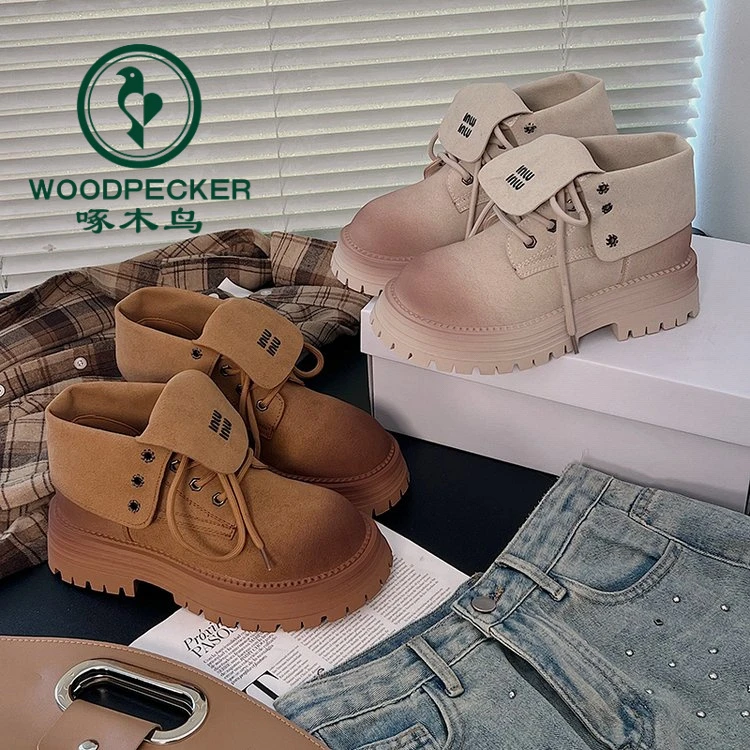 啄木鸟复古翻盖马丁靴女2025早秋新款白色单靴厚底两穿短靴大黄靴