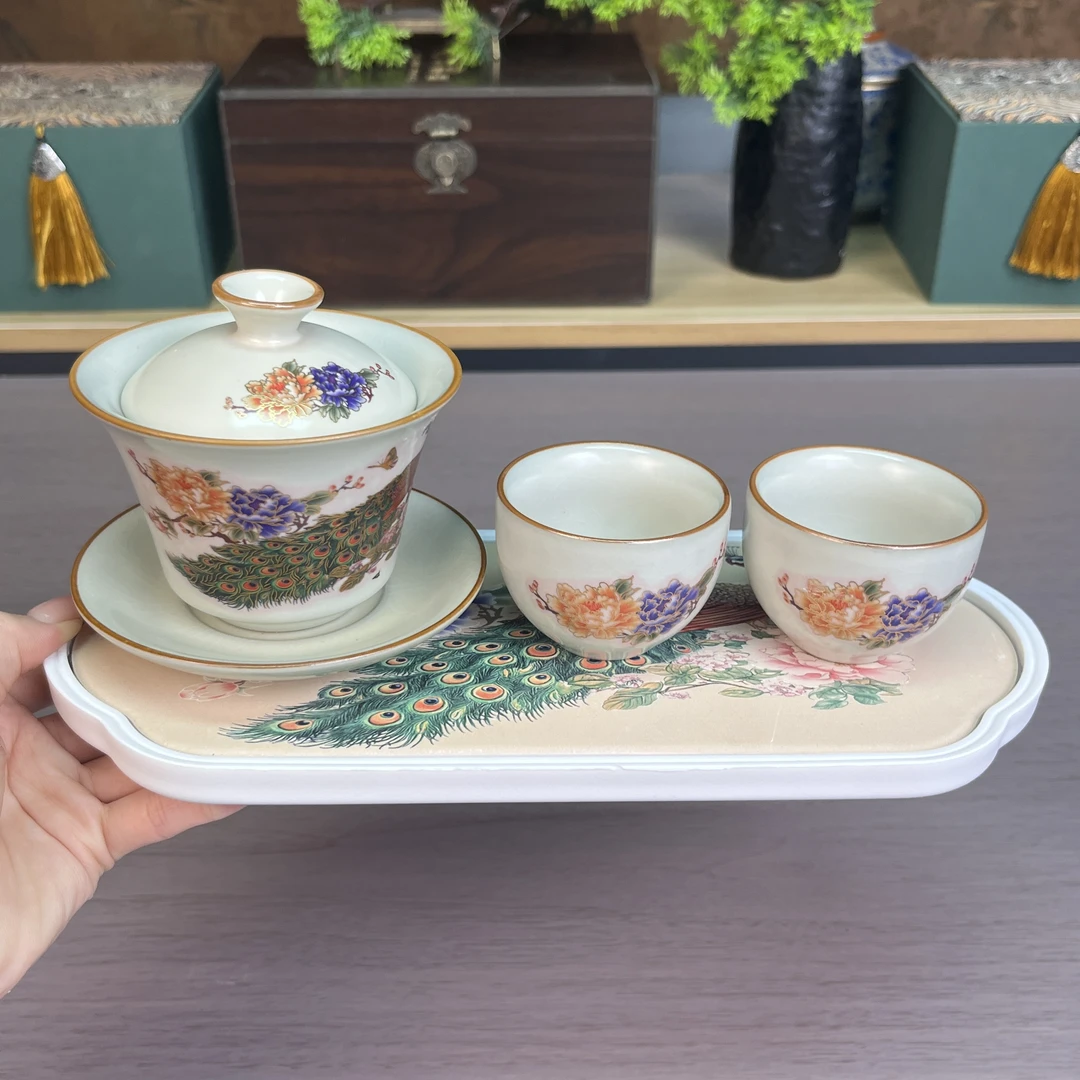 Z3116 -黄汝孔雀盖碗+两杯+孔雀吸水茶盘