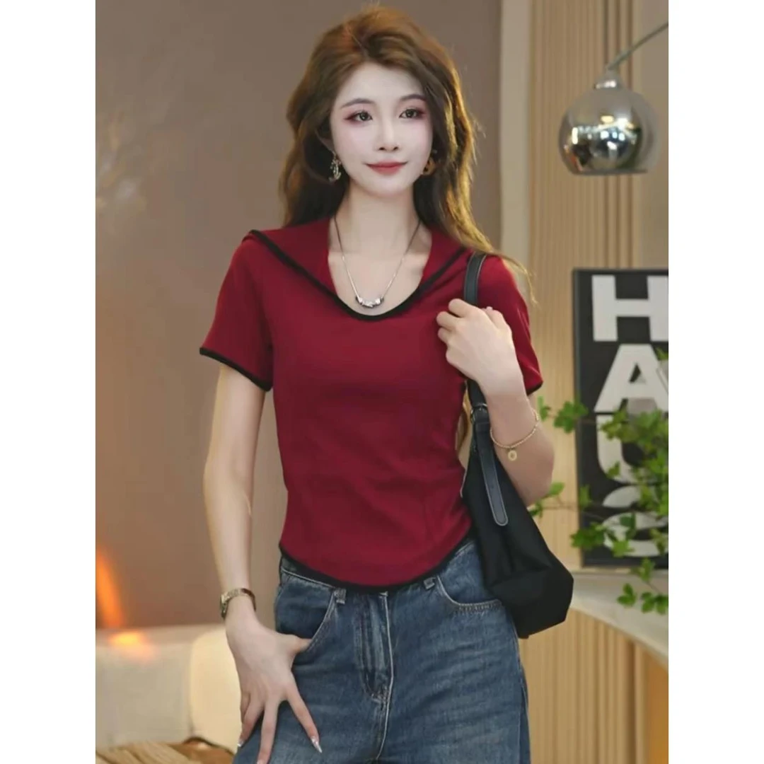 笑歌 撞色拼接连帽短袖T恤女夏2025新款百搭时尚帽衫修身显瘦上衣