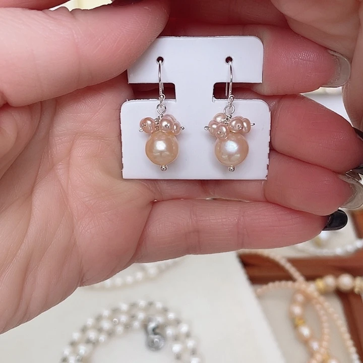 合金淡水珍珠耳饰银耳钩石榴花橘色编织款