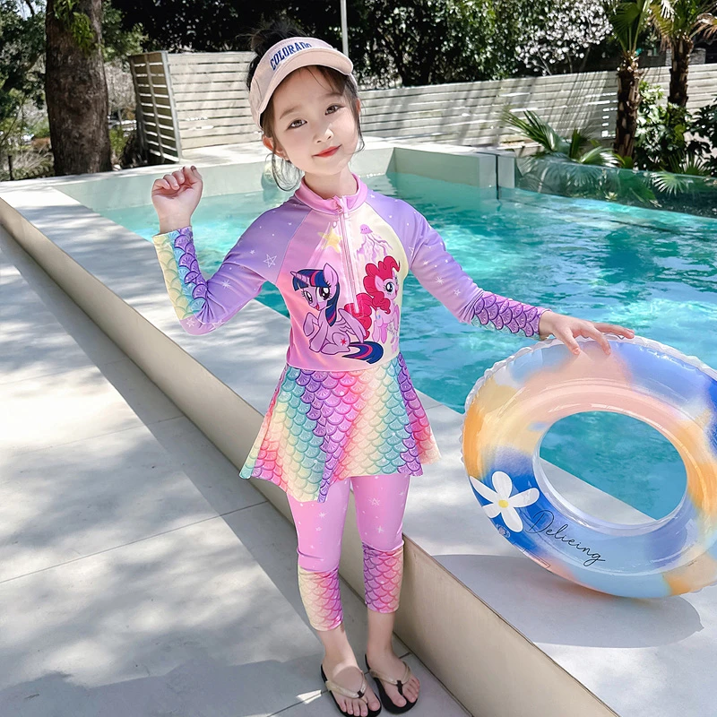 美人鱼儿童泳衣女孩小马宝莉分体泳裙小公主宝宝长袖防晒速干泳装