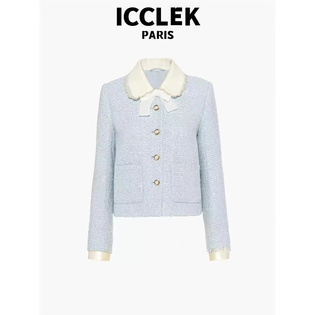 ICCLEK 蓝色蝴蝶结翻领外套 小香风 外套 -3176