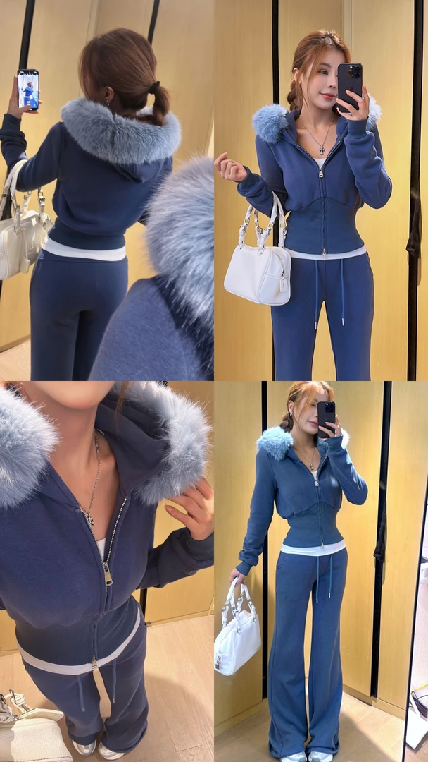 2025新品加绒加厚韩系穿搭灰色连帽卫衣外套秋冬休闲高腰微喇裤女