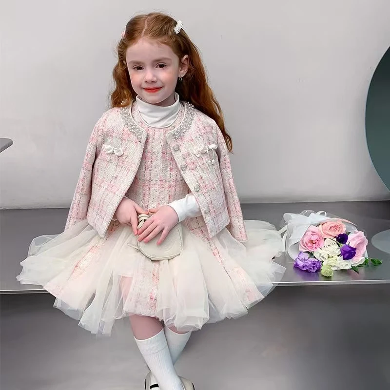小香风女公主裙长袖连衣裙童装中大童宝宝秋季甜美粉色网纱裙气质