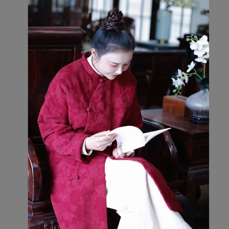 中国风 麻棉提花立领斜襟手工盘扣全侧开加厚中长款棉衣袍子36334