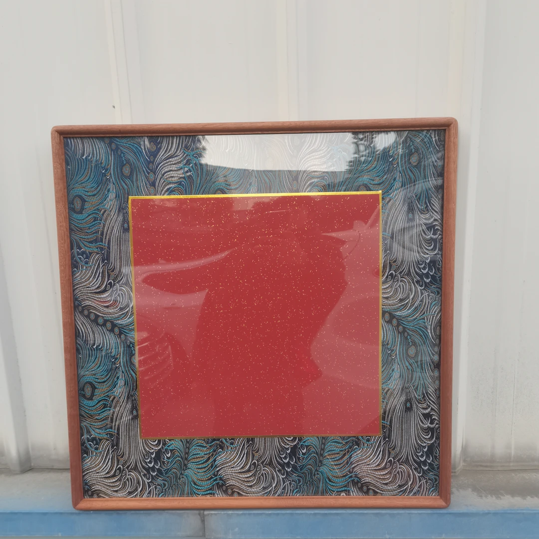 宋锦孔雀蓝掐丝针织凤尾纹——50x50乌檀木展览4公分实木画框【限量】