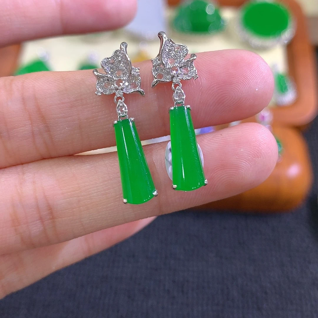 【闪购商品】翡翠18K金镶嵌耳钉无事柱