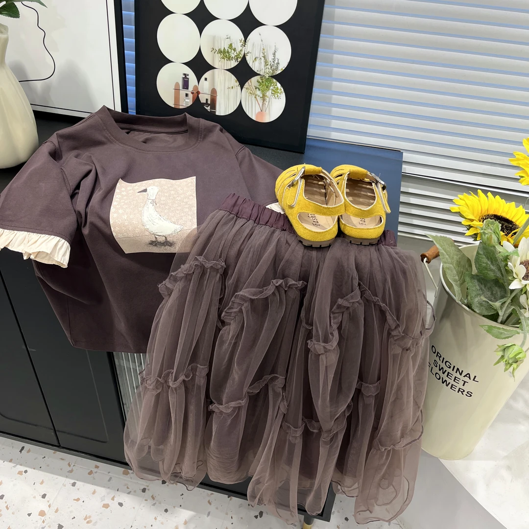 女童夏季2025新款洋气纯棉T恤 半身裙纯色不规则纱裙时尚休D313