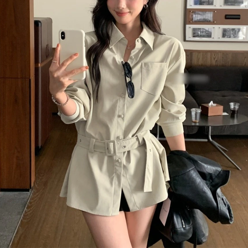 2025韩系新款百搭时尚十三行气质中长款收腰百搭衬衫外套上衣女秋