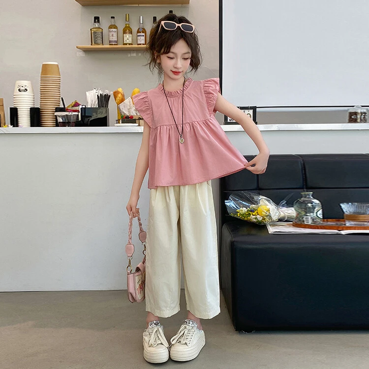 女童夏装套装2025新款洋气中大童纯棉网红飞袖娃娃衫棉布儿童裤子