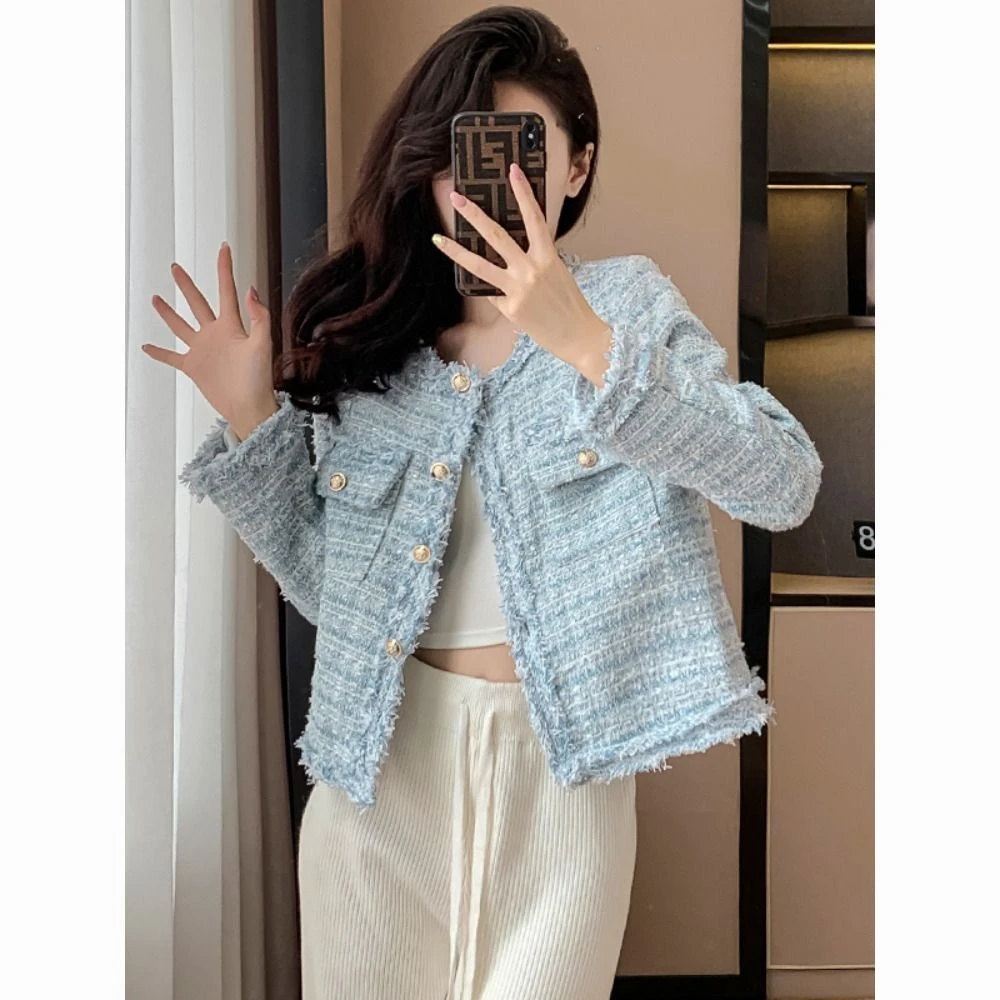 【清货+运费险】蓝色名媛气质流苏小香风粗花呢短款外套洋气Q922