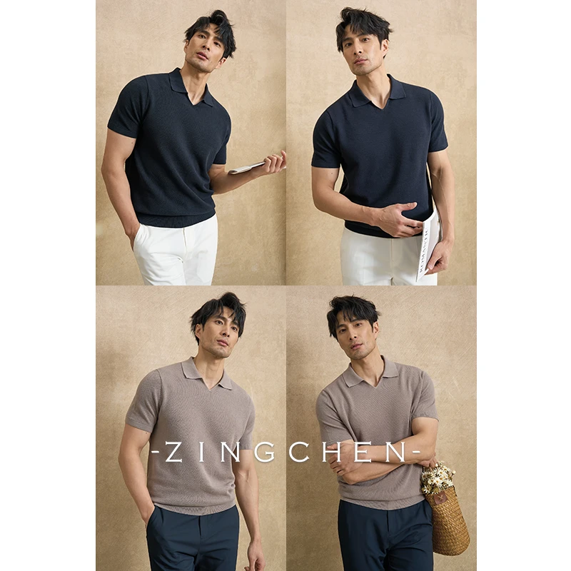 【夏日干爽透气】ZINGCHEN亚麻棉V领针织T恤 男士休闲短袖衫