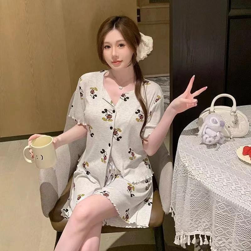 卡通可爱米奇亲肤螺纹代尔棉绸短袖睡衣女夏薄款家居服套装可外穿