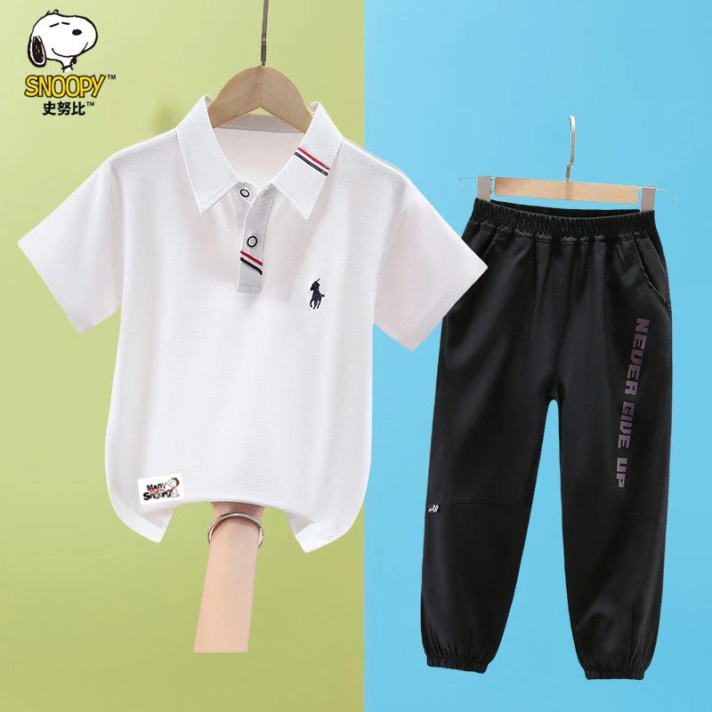 史努比男童短袖套装夏装2025新款洋气中大童男孩polo衫长裤两件套