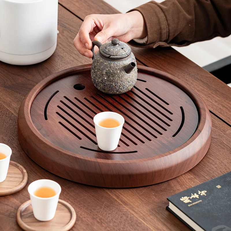 茶盘32CM圆形家用简约密胺竹制沥水干泡盘茶托盘泡台（非实木）