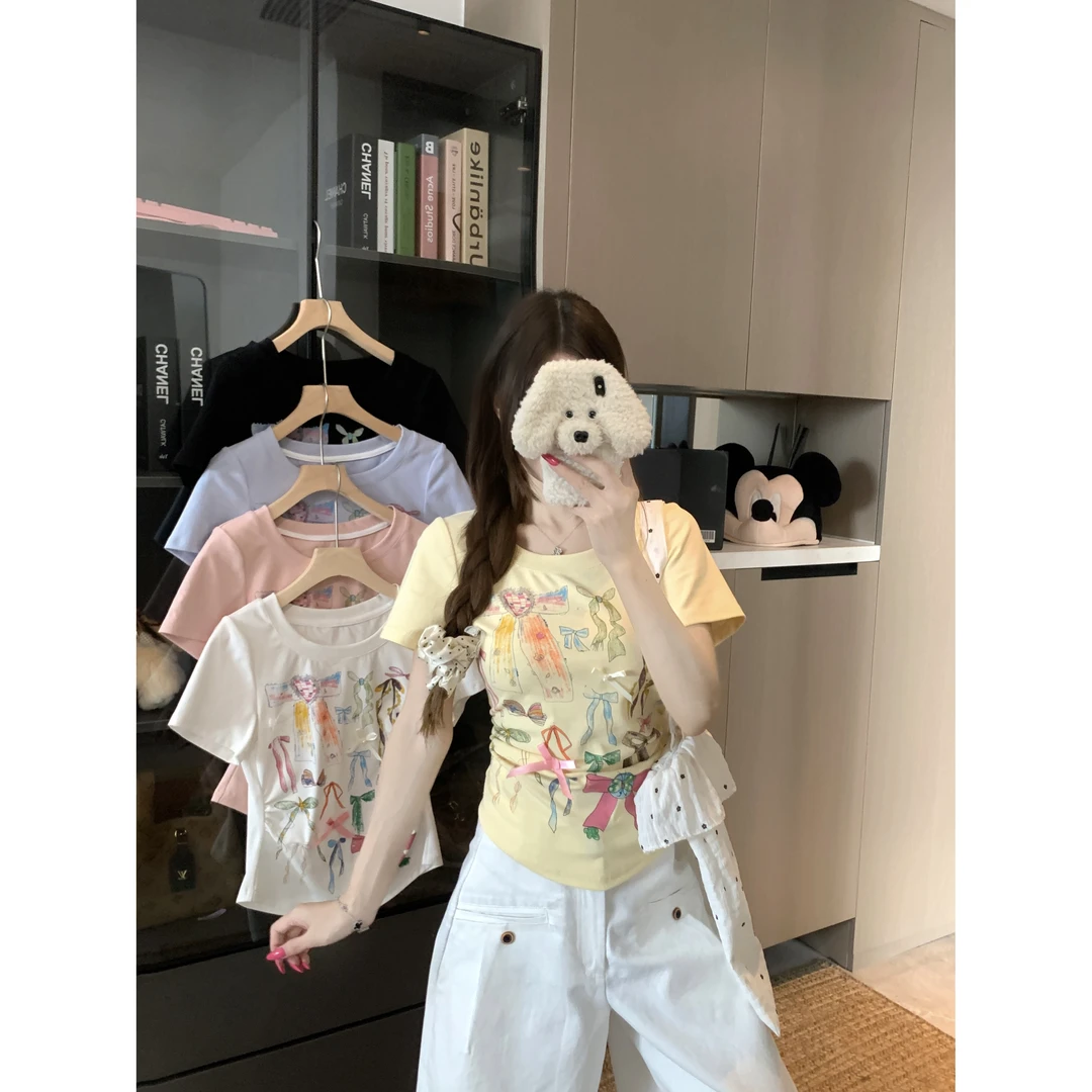 大码胖mm彩色涂鸦蝴蝶结印花短袖T恤女夏甜辣风修身显瘦上衣