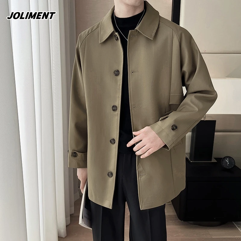 JOLIMENT卡其色高级感翻领男士风衣2025年秋季韩系通勤中短款外套