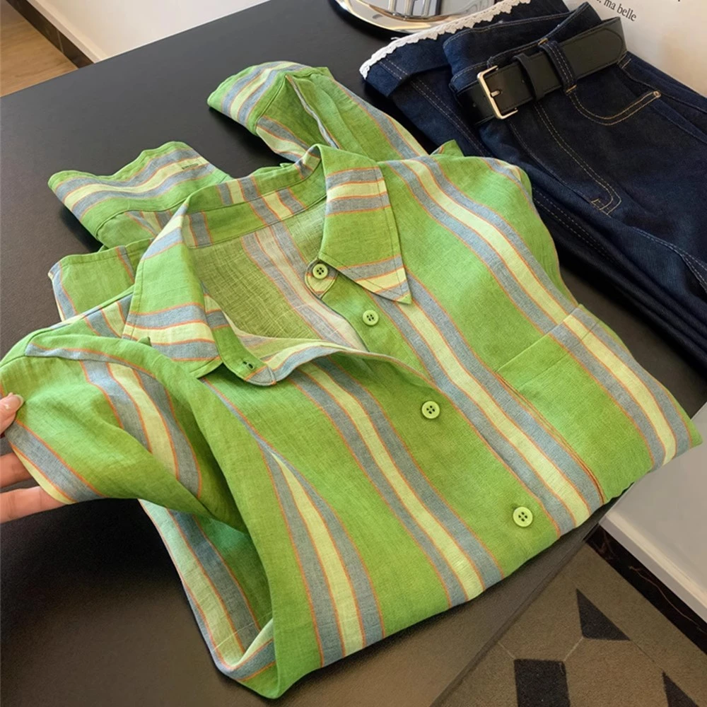森系复古宽松撞色条纹长袖防晒衬衫女2025新款夏独特超好看上衣