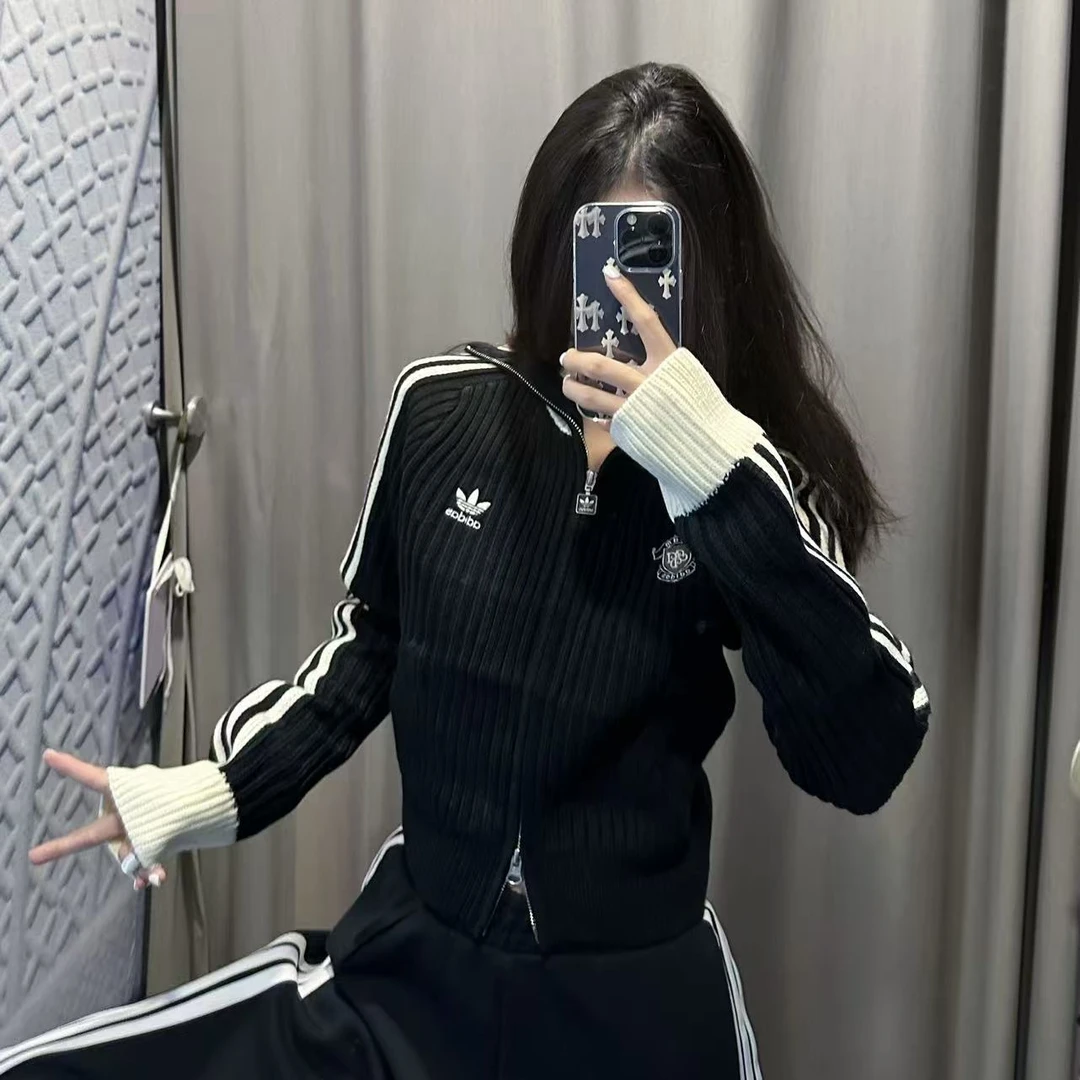 adidas三叶草TEAM FULLZIP全开襟运动修身针织衫KF0718