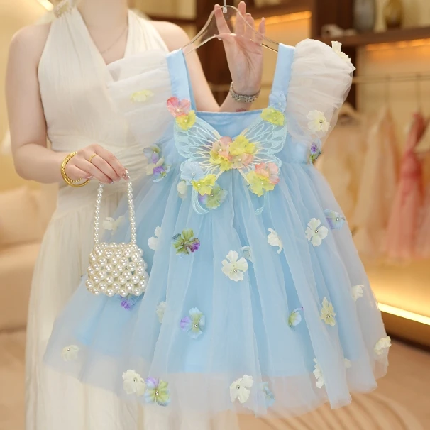 2025春夏季新款儿童公主裙女童花朵连衣裙蝴蝶蓬蓬纱裙演出服时尚