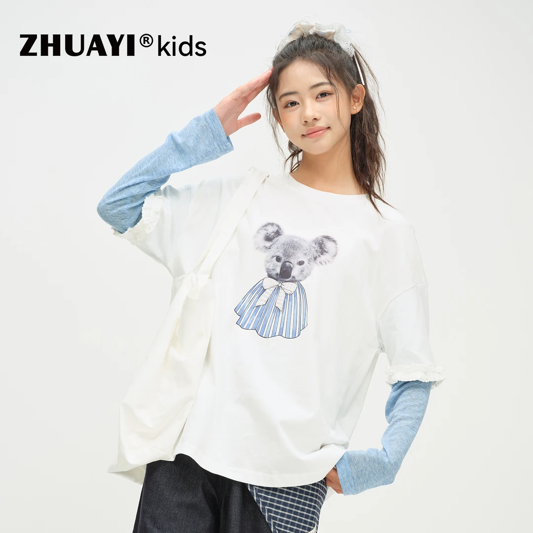 女童拼接袖T恤2025秋季新品宽松休闲洋气印花上衣秋装（25301311）