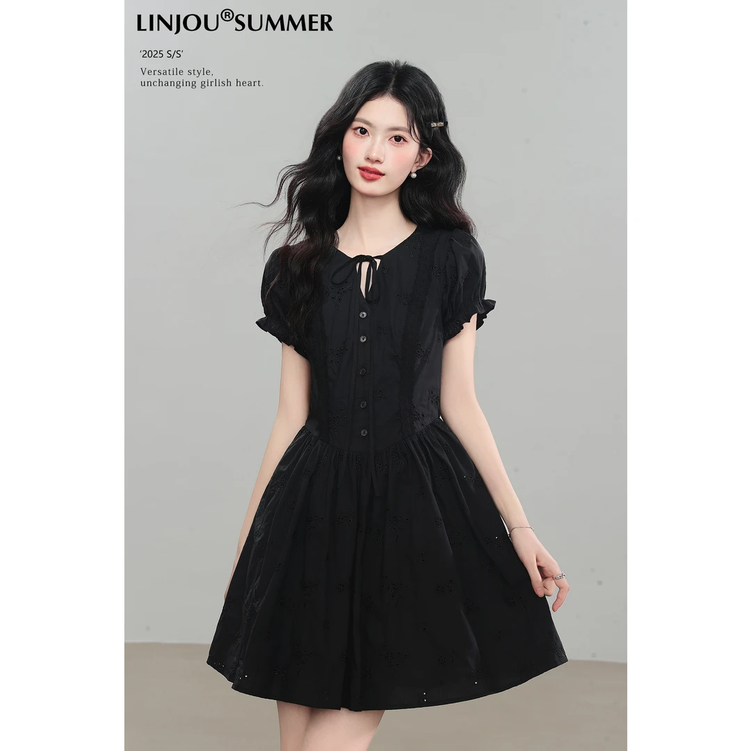 玲玖《墨色蕾丝》高级感黑色夏季收腰V领连衣裙女小个子显瘦短裙