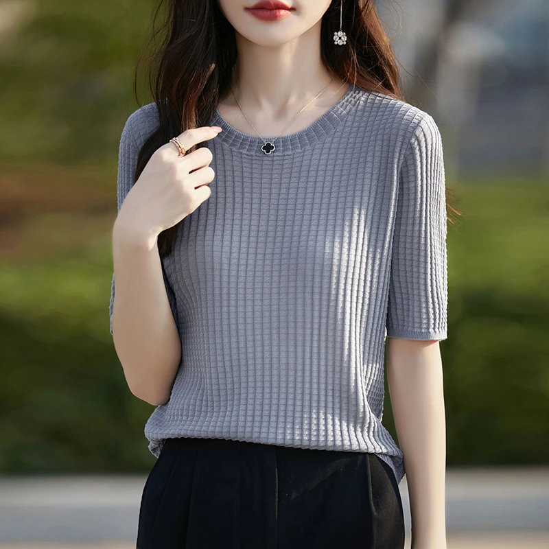 时尚品牌女装早秋新款华夫格圆领五分袖针织衫洋气简约百搭短袖