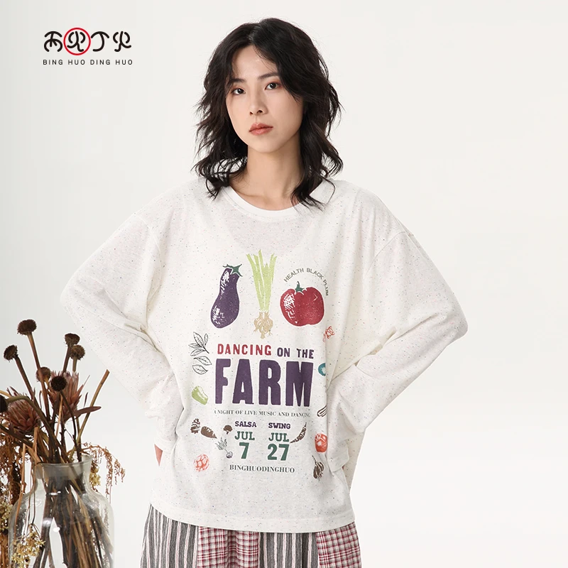 【丙火丁火】长袖创意印花T恤女2025秋季新品百搭宽松圆领上衣潮