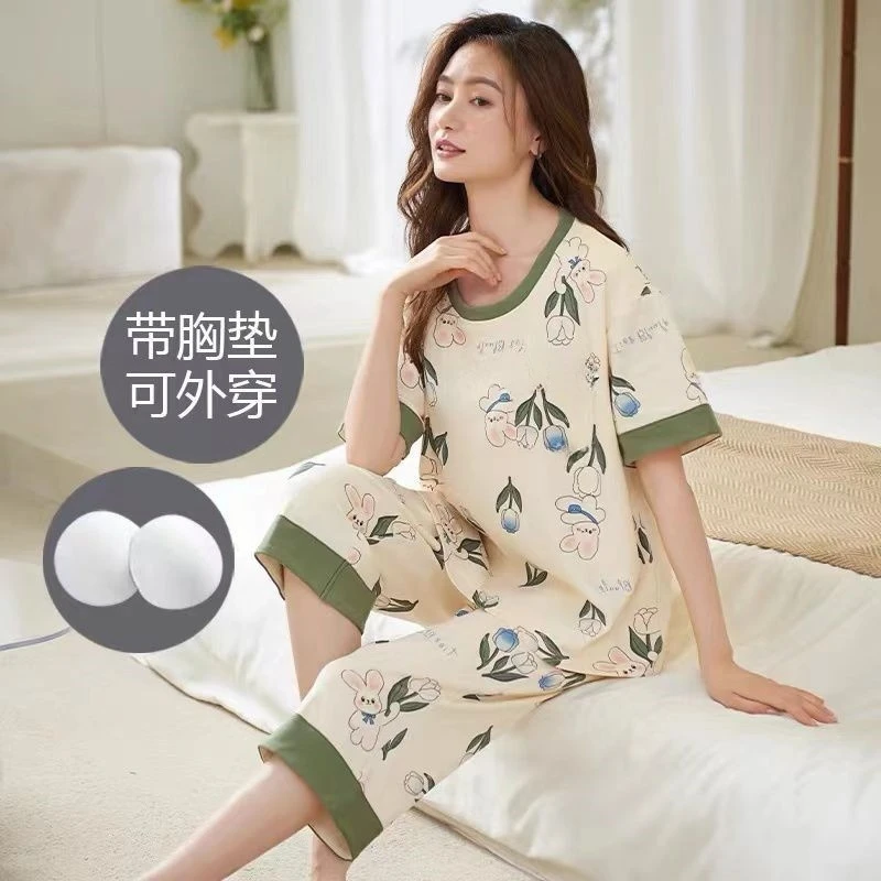 韩版睡衣女夏天短袖七分裤女士韩版宽松夏季圆领套装外出家居服