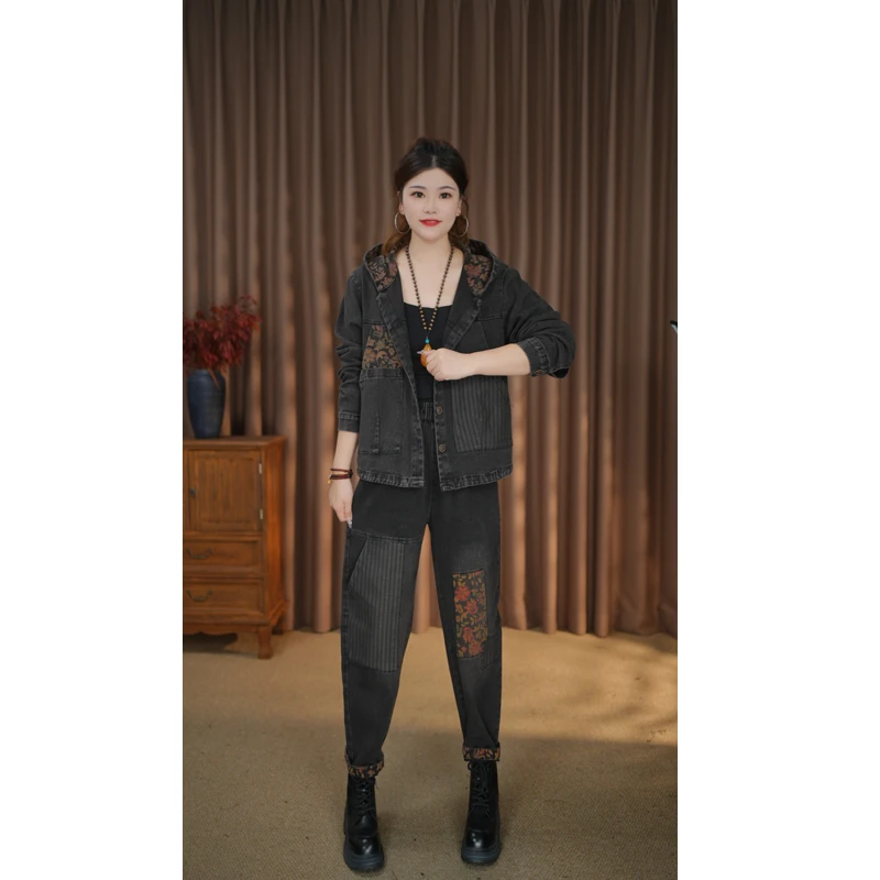 2580秋季宽松复古民族风条纹印花外套上衣水洗口袋牛仔裤女