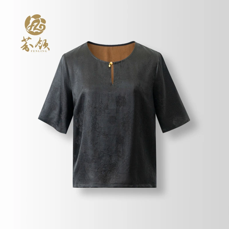 芬领-花墨-中式桑蚕丝老料香云纱30姆米鸡心领短袖上衣 SY1272