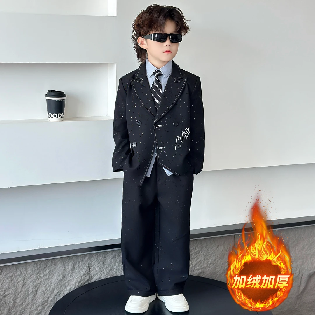 儿童西装男童加绒礼服套装冬季新款花童闪亮西服男孩主持人演出服