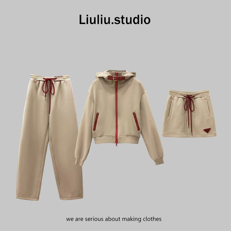 LiuLiu定制【赤纹领扣】设计师连帽撞色卫衣外套+绑带半身裙套装