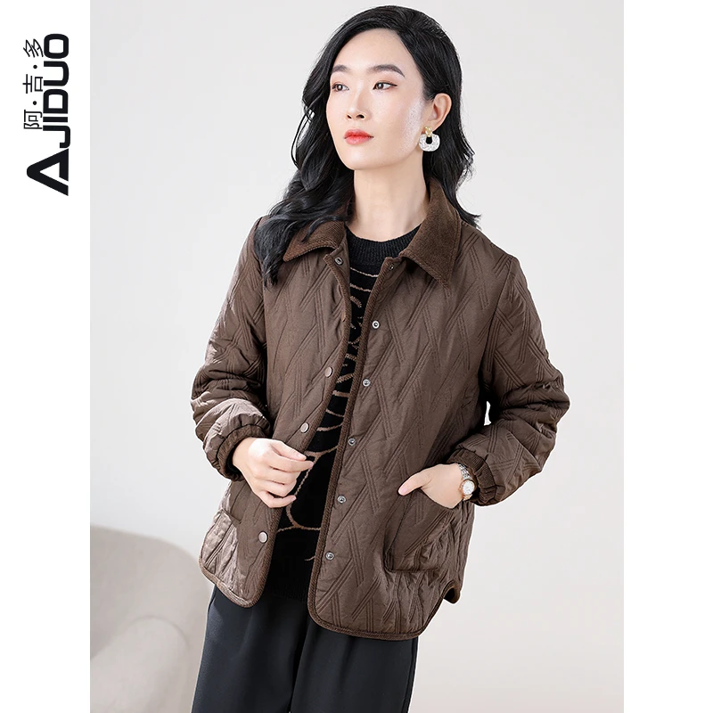 阿吉多长袖棉服外套女秋季新款小个子深秋夹棉美拉德小棉袄A20539