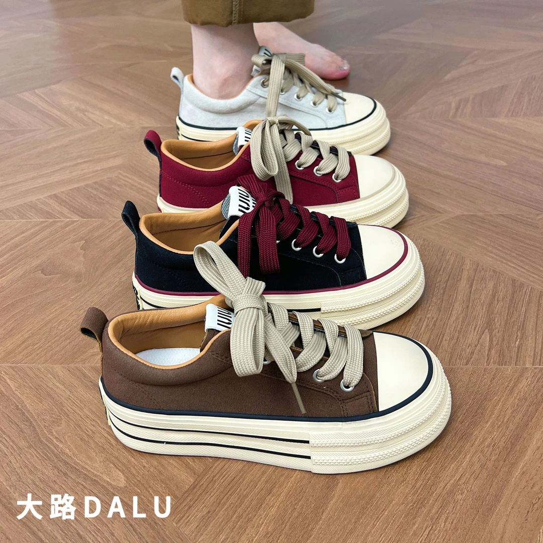 【DaLu】二代皮面厚底增高帆布鞋女秋季轻便透气小白鞋休闲时尚板鞋
