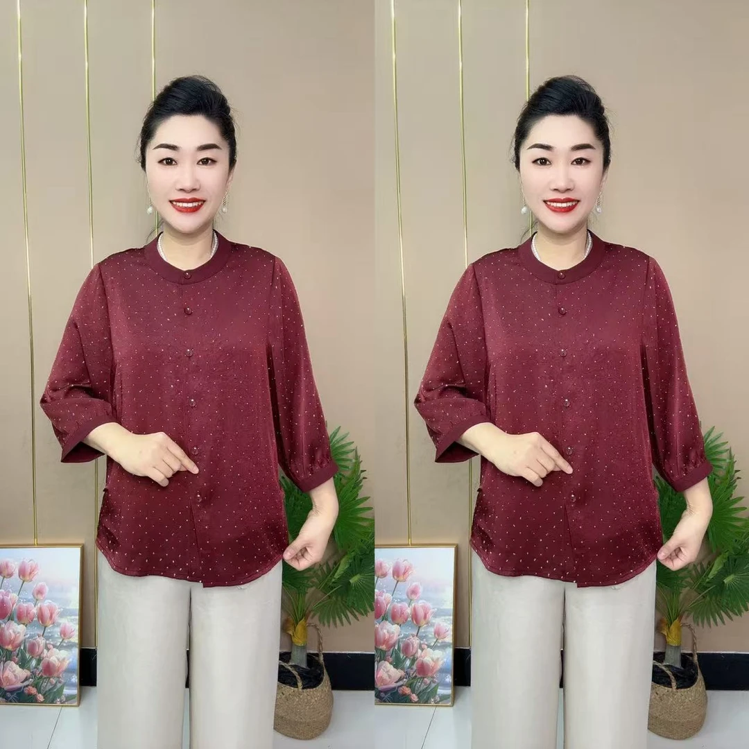 CF漫天星压绉丝缎七分圆领精品妈妈衫中老年女装妈妈装大方