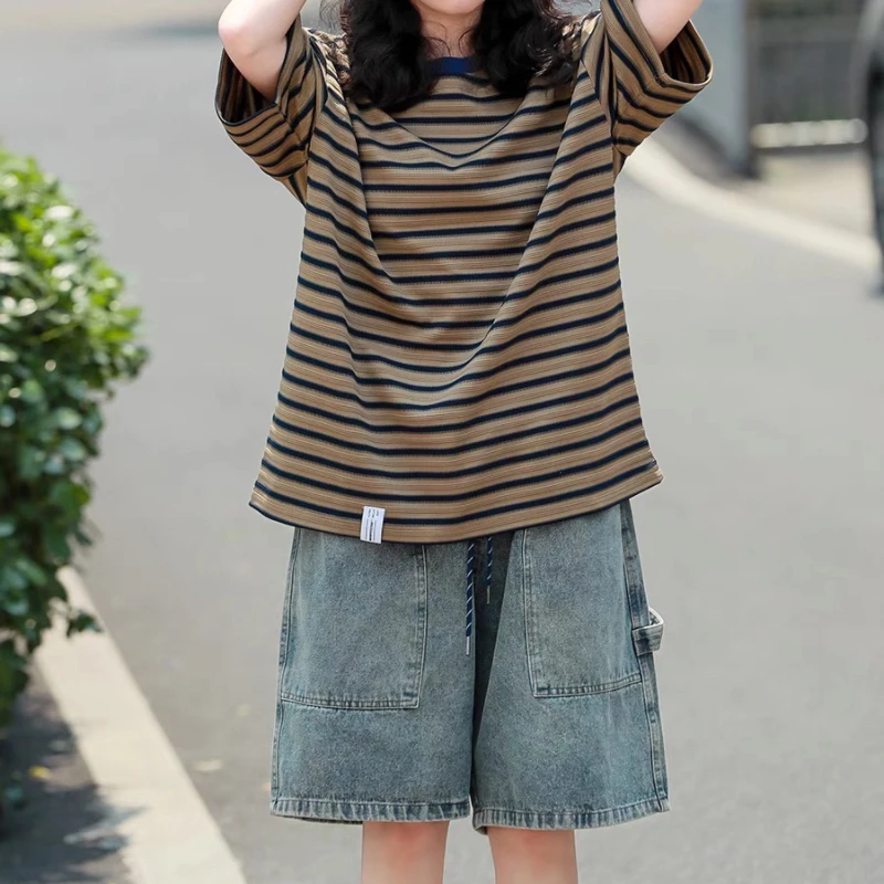 美式复古夏季条纹撞色五分袖T恤男女百搭潮短袖上衣