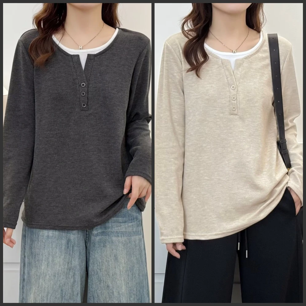 110-190斤大码女装胖mm宽松百搭遮肉秋冬保暖假两件长袖T恤打底衫