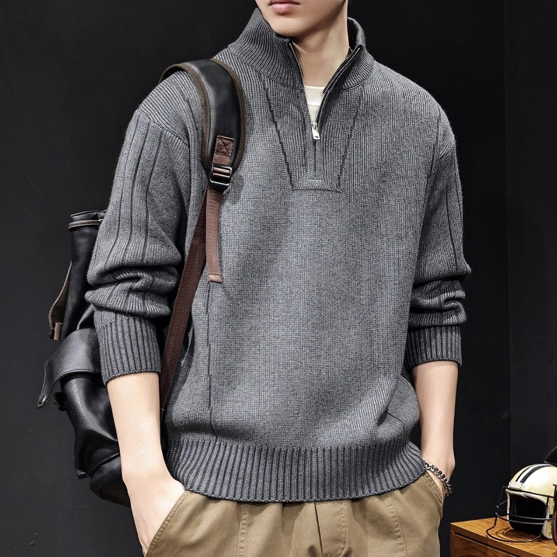 MR.MUDI/穆迪先生高级感半拉链立领毛衣男士灰色宽松保暖针织衫潮