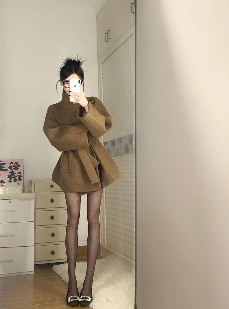 美拉德复古韩版气质显瘦立领中长款毛呢外套秋冬新款系带廓形外套