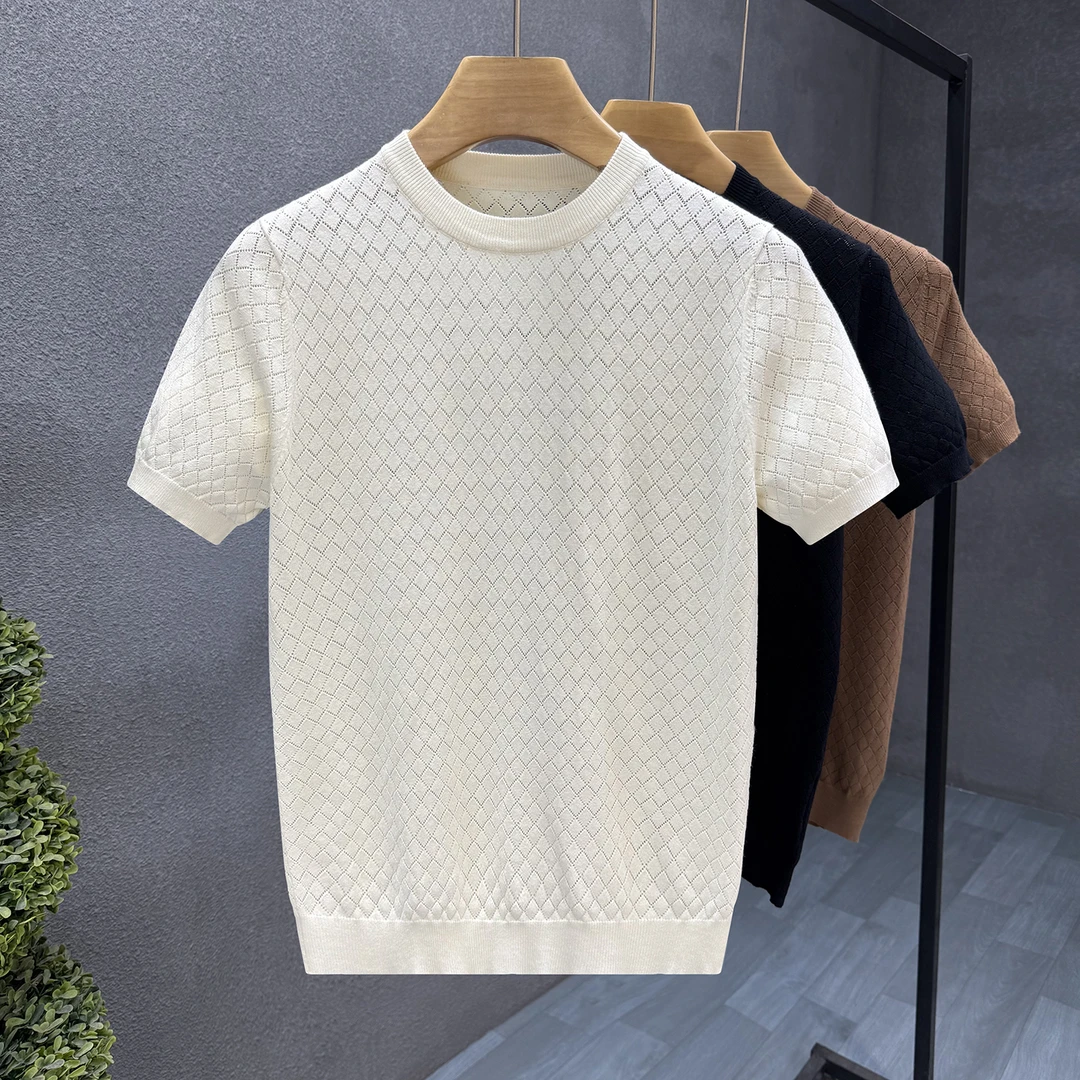 梦泡官方高端菱形格透气短袖毛衣男薄款针假男男士薄款针织开衫