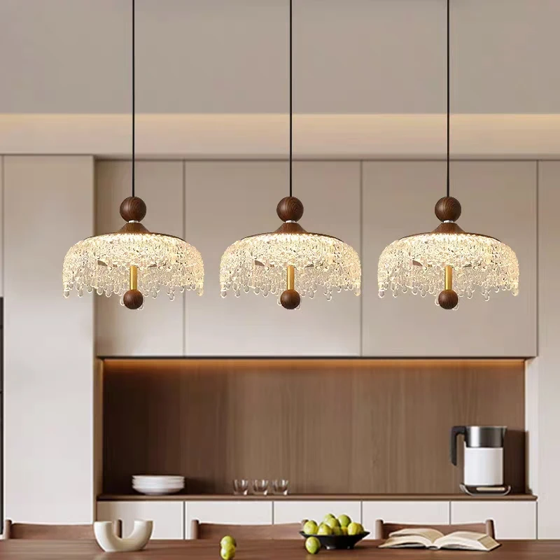 法式中古风水滴餐厅吊灯三头长盘吧台复古胡桃木色吊线灯过道灯