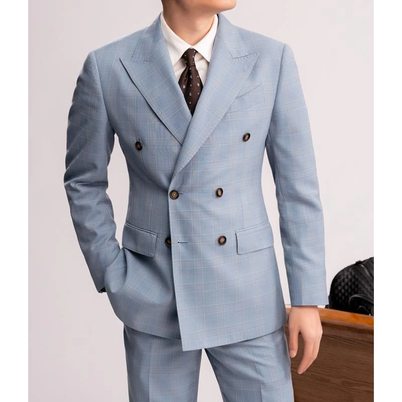 谷巢高定工艺西装双排扣四季薄款暗格纹戗驳领商务休闲西服套装