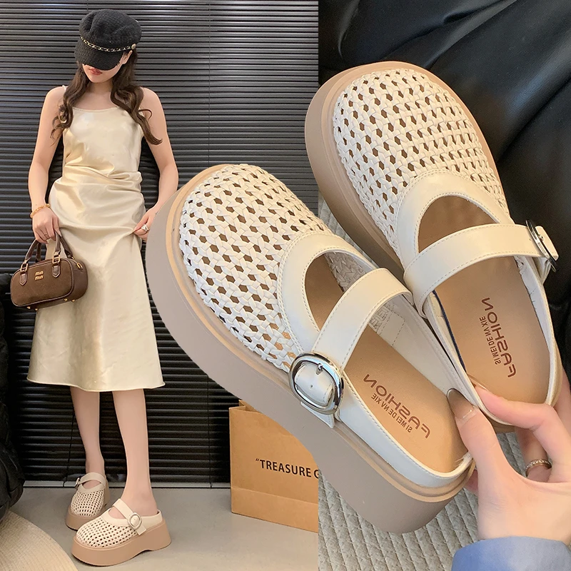 厚底编织包头拖鞋女2025年新款夏季时尚外穿一脚蹬镂空透气半拖鞋