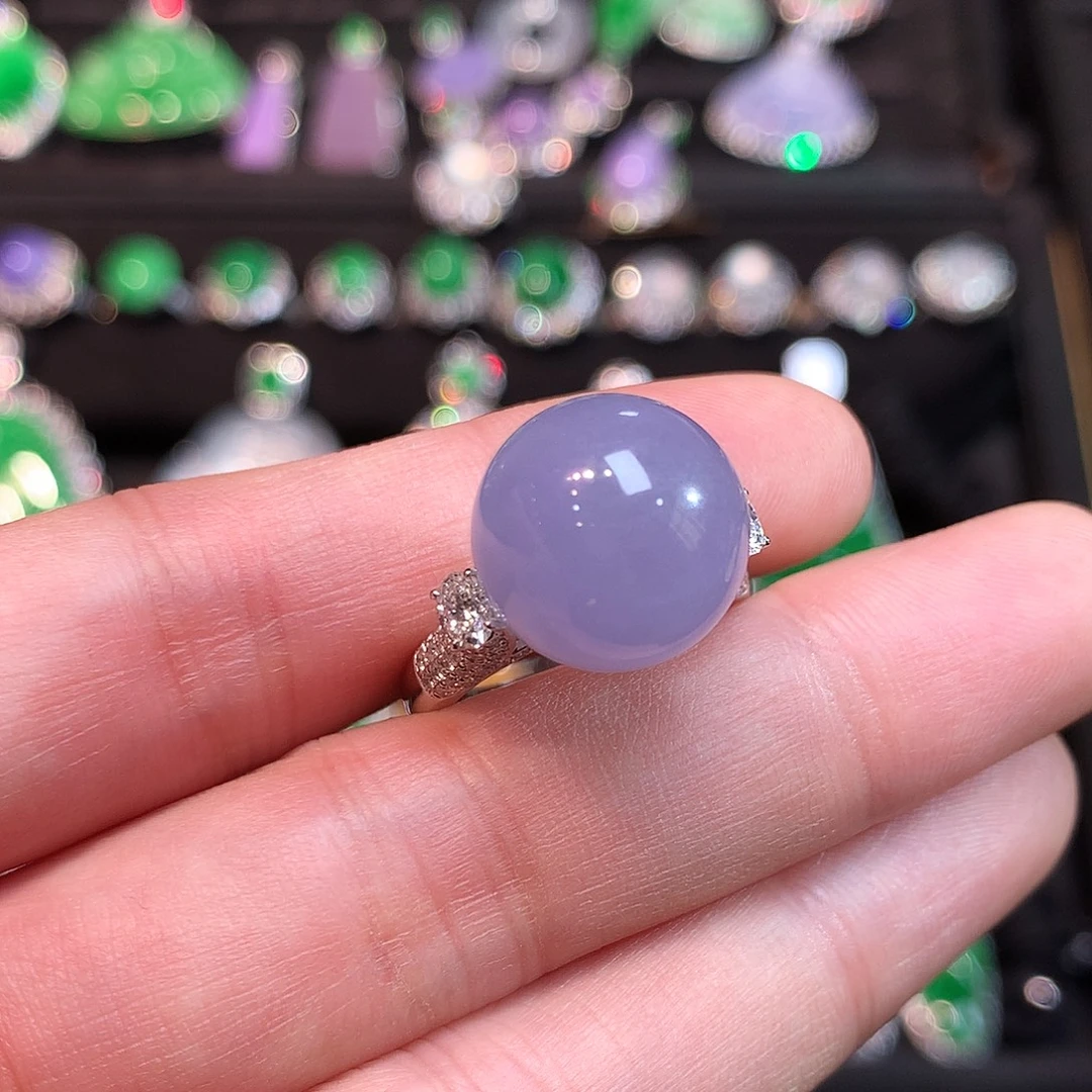 翡翠18K金镶嵌戒指紫罗兰珠珠戒指