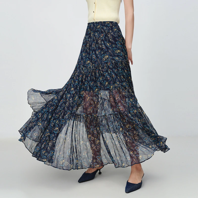 EP雅莹新款 藏蓝色印花打揽肌理A字长款半身裙3418A